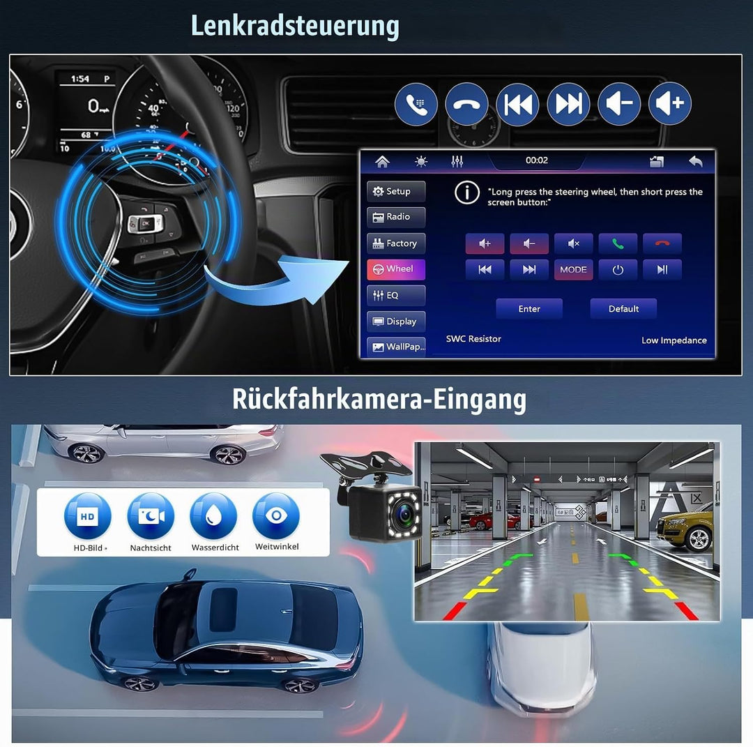 CAMECHO Autoradio 1 Din mit 10.1 Zoll Wireless A-pple Carplay Android Auto mit Rückfahrkamera, Bilds