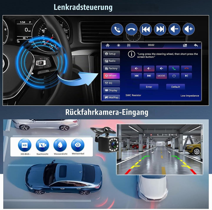CAMECHO Autoradio 1 Din mit 10.1 Zoll Wireless A-pple Carplay Android Auto mit Rückfahrkamera, Bilds