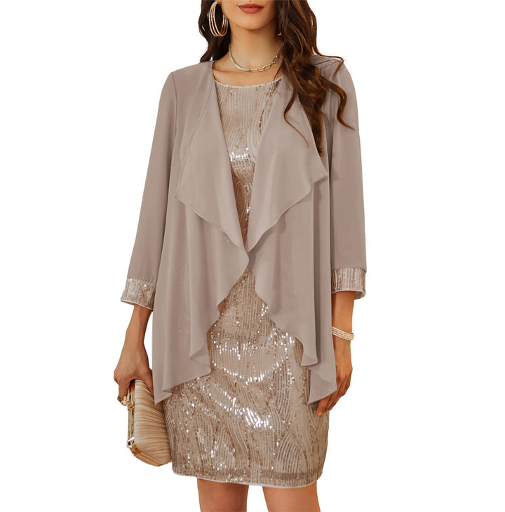 GRACE KARIN Damen Ärmelloses Rundhals Pailletten Cami Kleid Elegant Zweiteiler Tüll Cardigan Abendkl