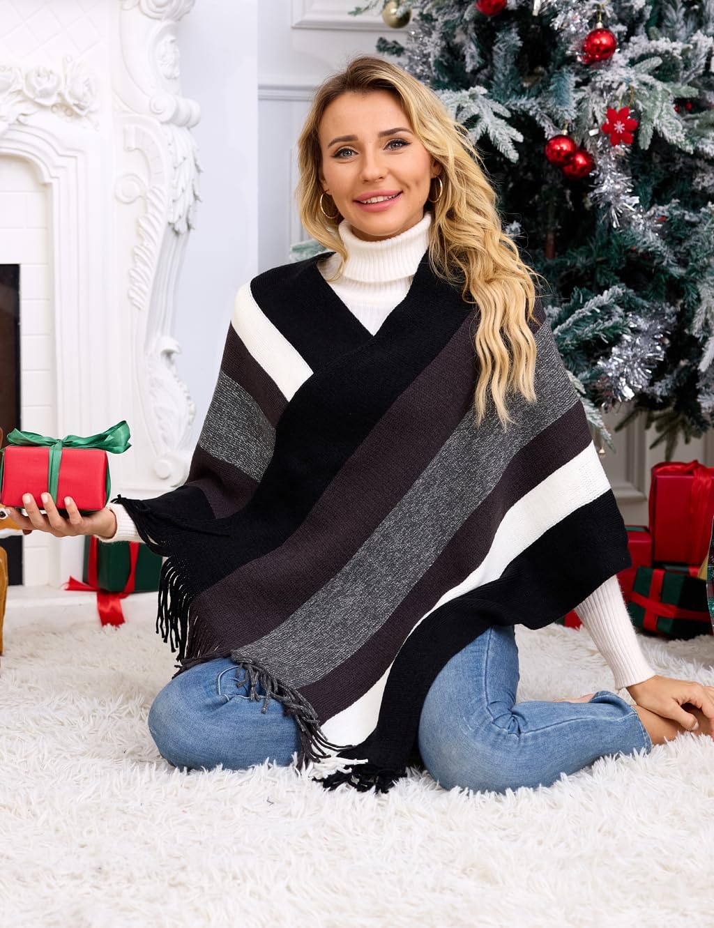 Ferand Damen Gestreifter Poncho Pullover Vielseitiger Schal zum Wickeln mit Fransen für Herbst und W
