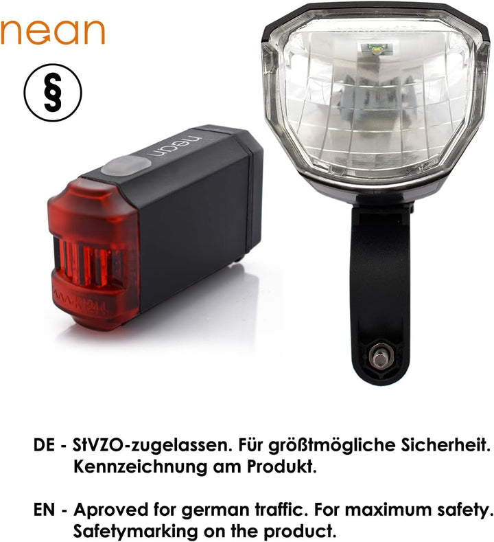 nean LED Akku Fahrradlicht Beleuchtungsset mit StVZO, 50 LUX 8 Candela, Fahrradlampe, Fahrrad Frontl