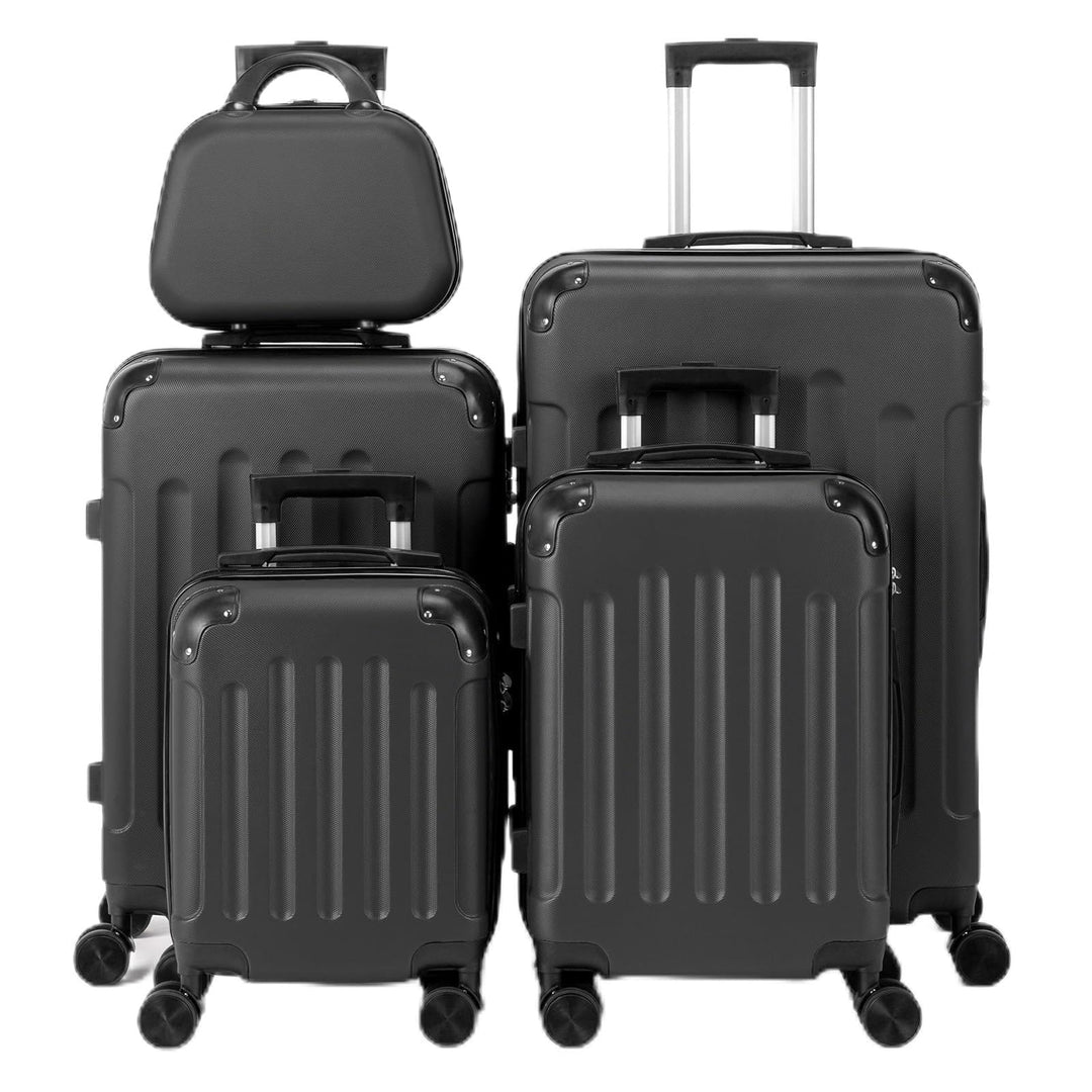 LEADZM Koffer Set 5 teilig Hartschale mit Kosmetikkoffer (Schwarz) | Kofferset mit verstärkten Ecken