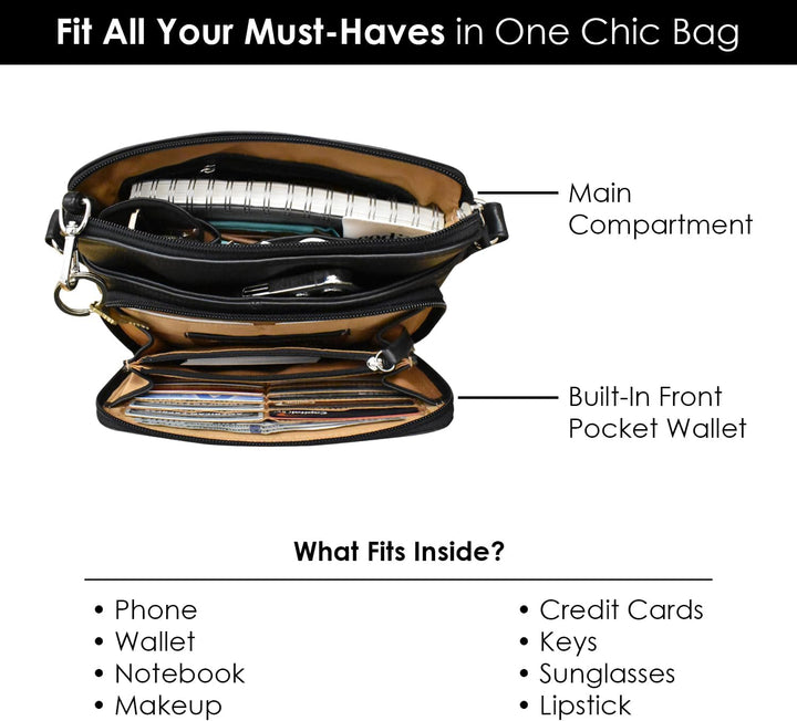 ili New York - Leder-Schultertasche mit seitlichem Organizer – weiche, glatte Leder-Handtasche mit R