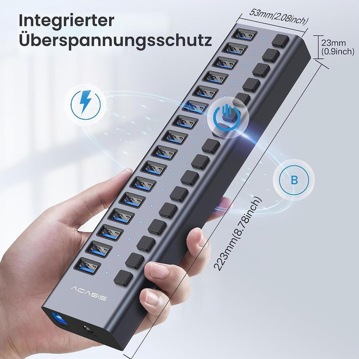 Powered USB 3.2 Hub, ACASIS 16 Ports USB 3.2 Hub mit 10Gbps Datenrate, Aluminiumgehäuse, USB Hub Pow