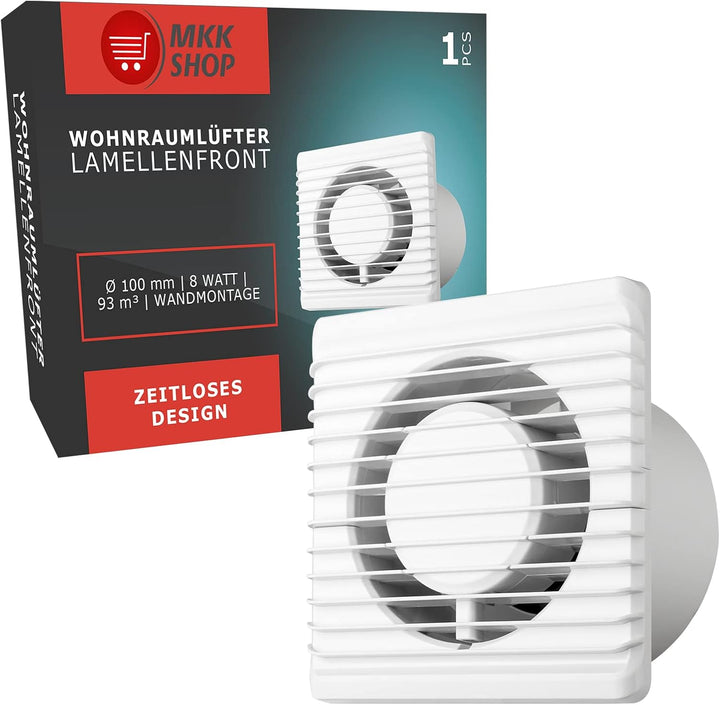MKK Badlüfter Wohnraumlüfter Ø100 mm – Leiser Bad- & WC-Ventilator, Wandlüfter Standard Weiss – Ener