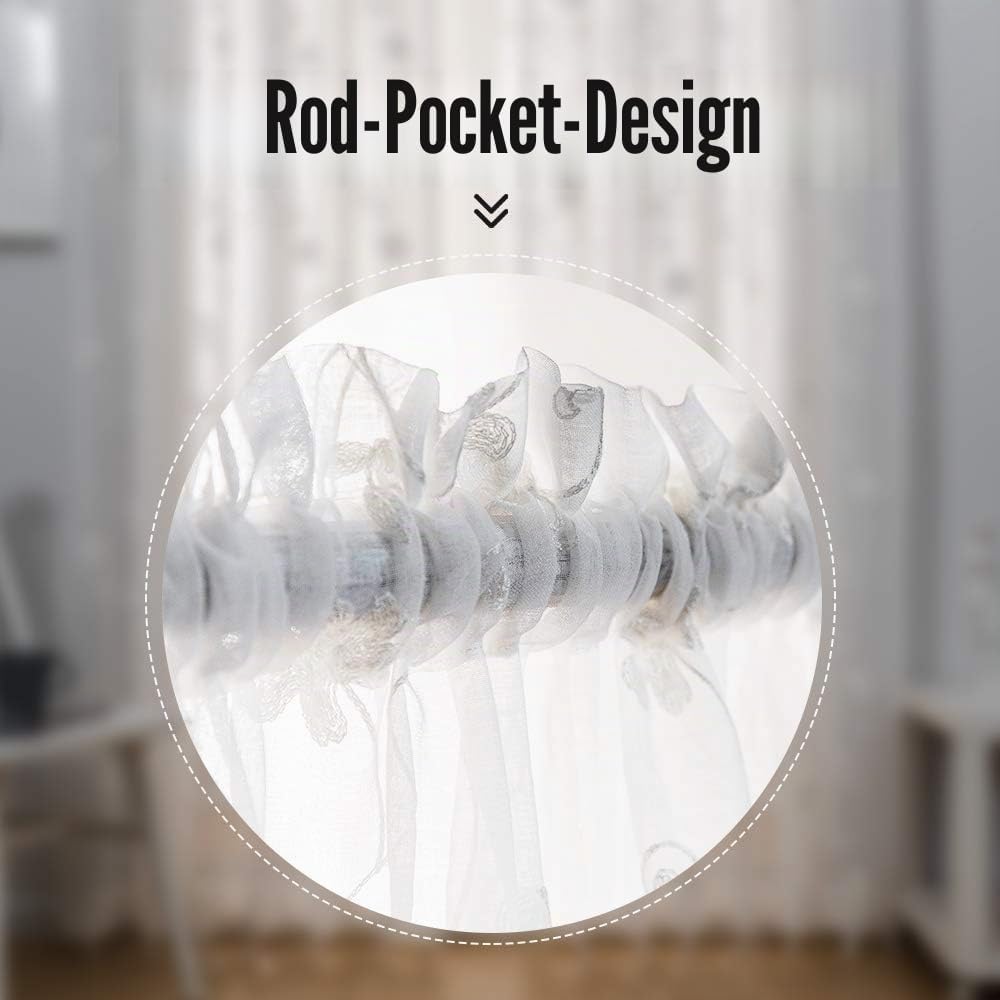Transparente Vorhänge Mit Blumenstickerei, 114 cm Länge, Stangentasche, Voile für Wohnzimmer, Schlaf