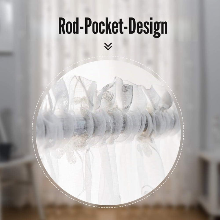 Transparente Vorhänge Mit Blumenstickerei, 114 cm Länge, Stangentasche, Voile für Wohnzimmer, Schlaf