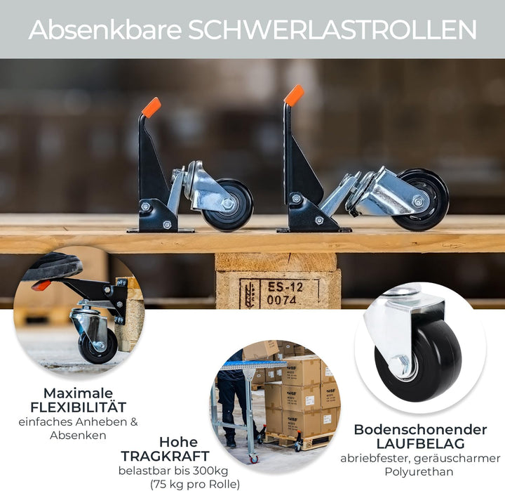 HMF 6750 Schwerlastrollen absenkbar für Werkbank | 4 Stück | 65 mm | bis 300 kg | Schwarz
