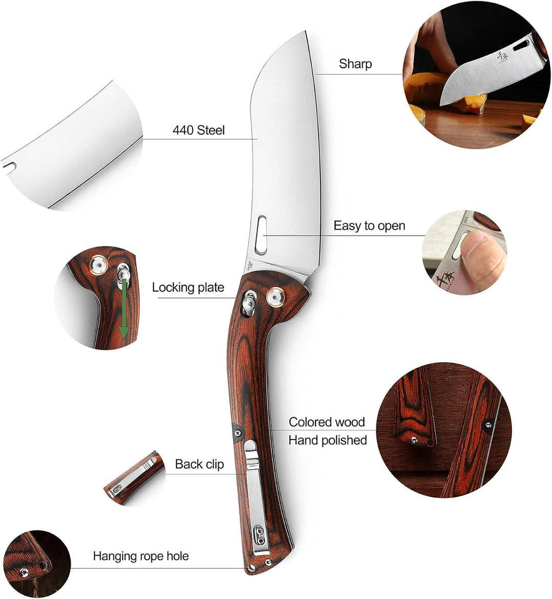 SENBON 440 Stainless Steel Super Sharp Folding Chef Knife With Colorful Wood Handle for Camping, Bar