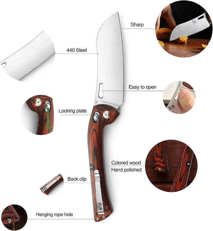 SENBON 440 Stainless Steel Super Sharp Folding Chef Knife With Colorful Wood Handle for Camping, Bar