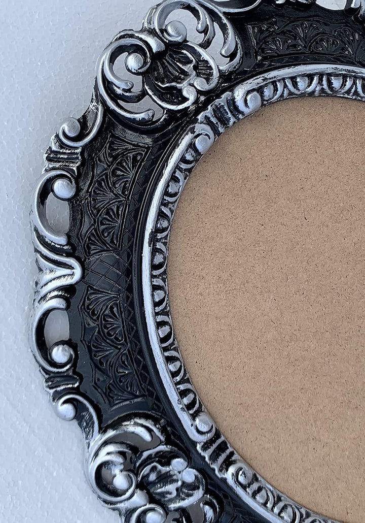 Bilderrahmen Barock SCHWARZ Silber Oval mit SCHUTZGLAS Antik Klassik 45x38 Prunk Bilderrahmen 24x30c