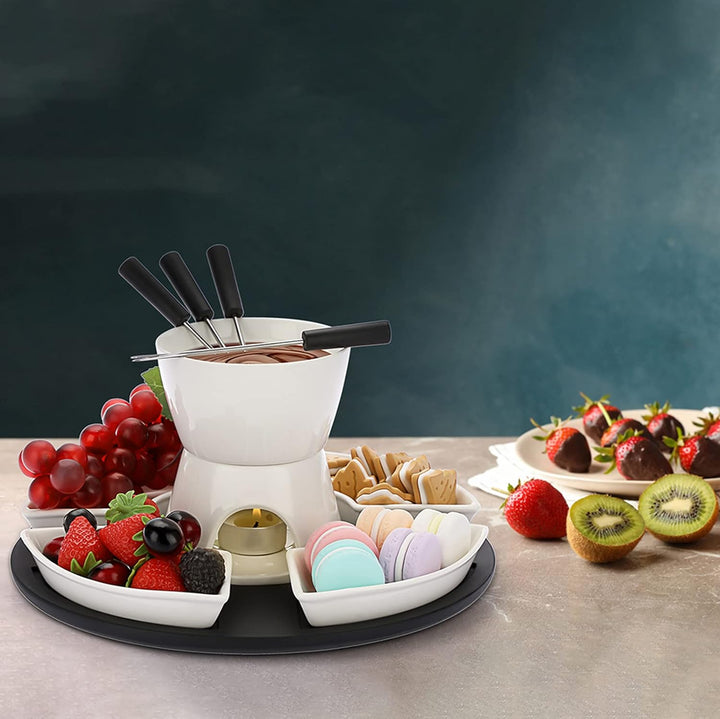 SUMNACON Keramike Schokofondue-Topf-Set mit Holzpalette 4 Gabeln 4 Tellern Schoko Fondueset Käsefond