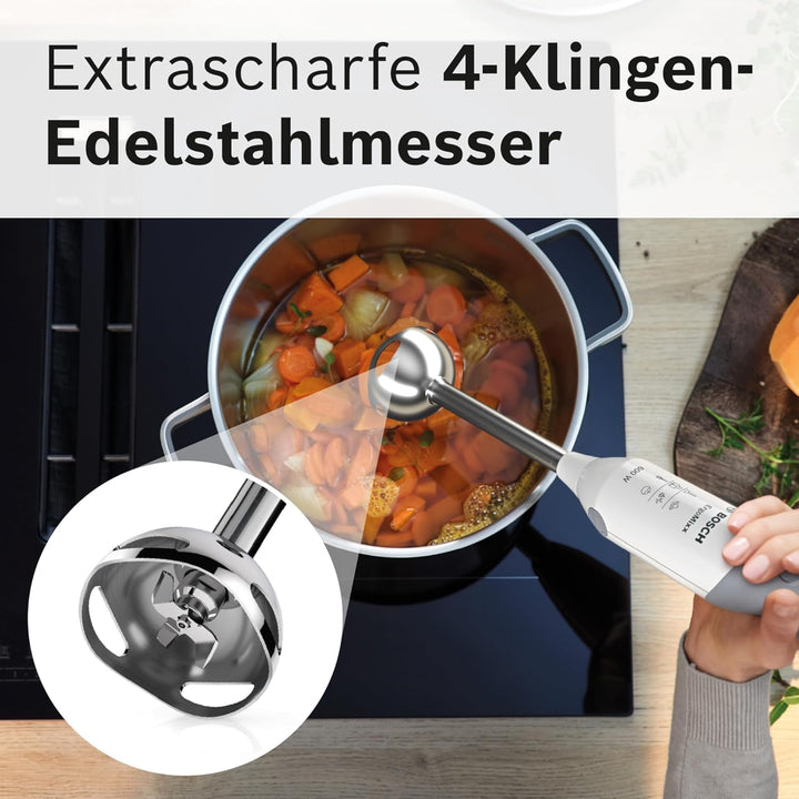 Bosch Stabmixer ErgoMixx MSM66120, Edelstahl-Mixfuss, Mix- und Messbecher, 4-Klingen-Messer, ergonom