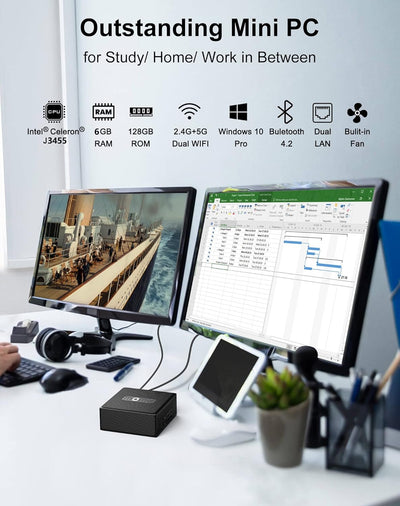 AWOW Mini PC, Intel Celeron J3455 6GB LPDDR4, 128GB M.2 SATA SSD, Mini Desktop Computer, Micro PC, W