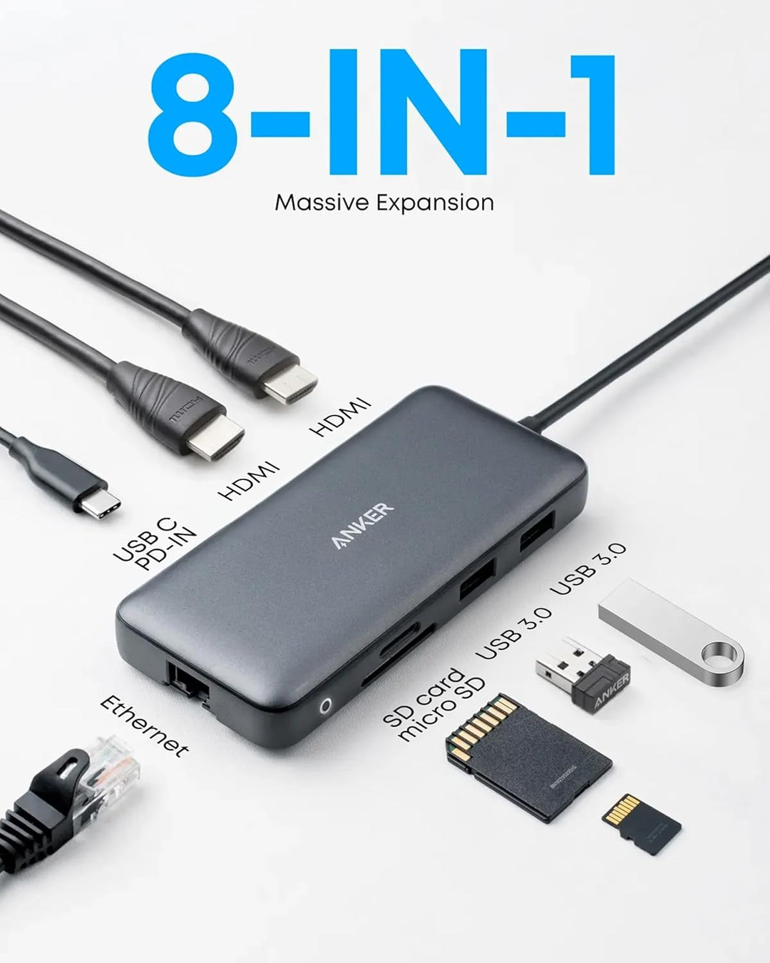 Anker PowerExpand 8-in-1 USB-C Adapter, USB-C Media Hub, Dual 4K HDMI, 100W Power Delivery 1 Gbps Et
