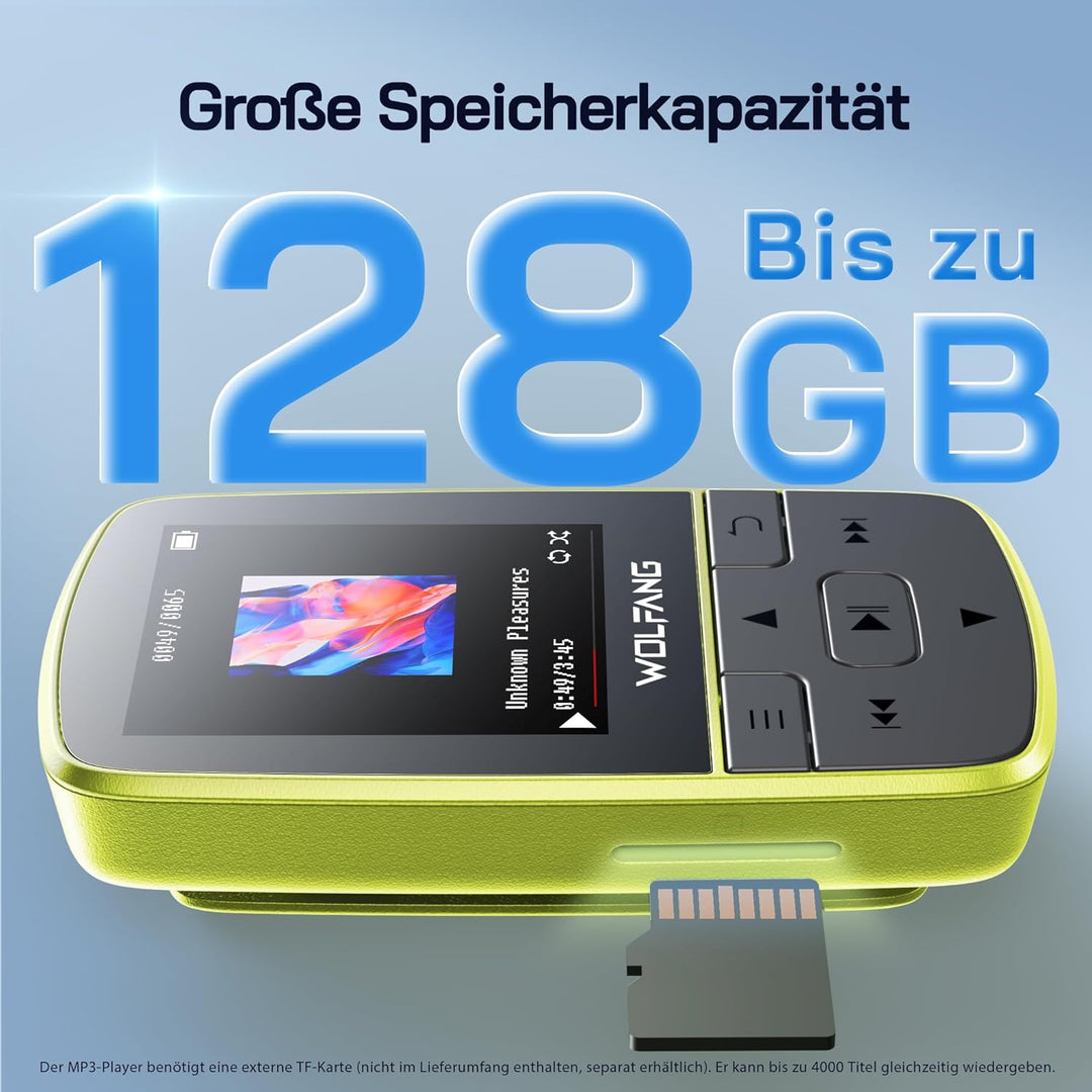 WOLFANG MP3-Player mit Bluetooth 5.2, Sportclip, Mini-Grösse, Gewicht 28,3 g, HiF-FM-Radio, Diktierg