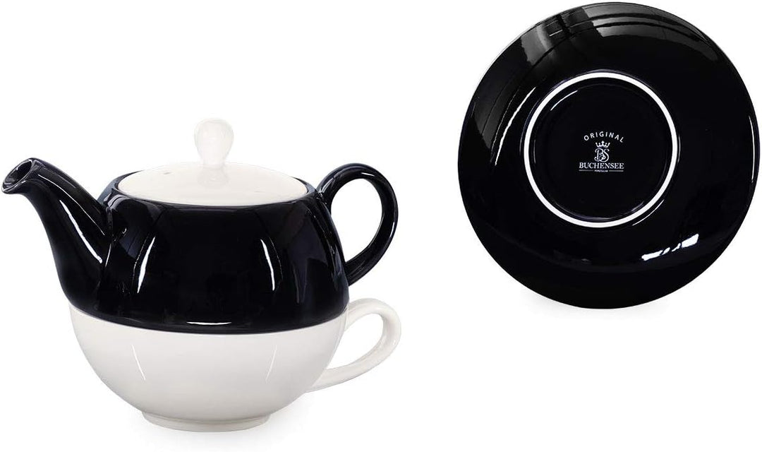 Tea for One mit Sieb Lena 500ml aus Crystal Bone China Porzellan in schwarz. Teekanne + Teetasse + U