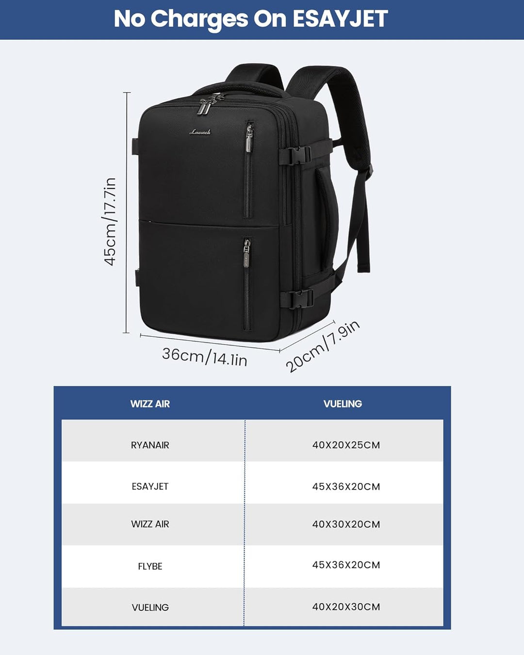 LOVEVOOK Handgepäck Rucksack 45x36x20, Reiserucksack Flugzeug Damen Herren mit USB, Carry On Luggage