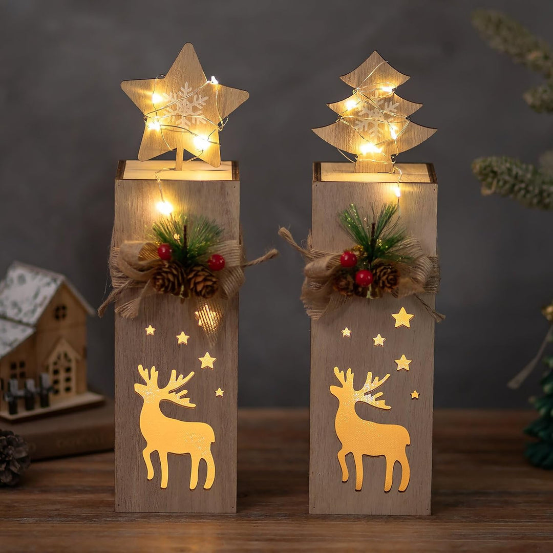 NUPTIO Weihnachtsdeko Holz Rentier Fensterbank - 30cm Höhe 2 Stück LED Dekosäule Holzdeko Weihnachte