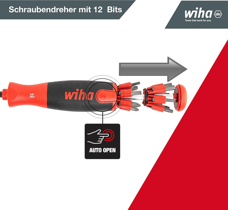 Wiha Schraubendreher mit Bit Magazin LiftUp 25 magnetisch gemischt mit 12 Bits, 1/4" (3803), Bits im