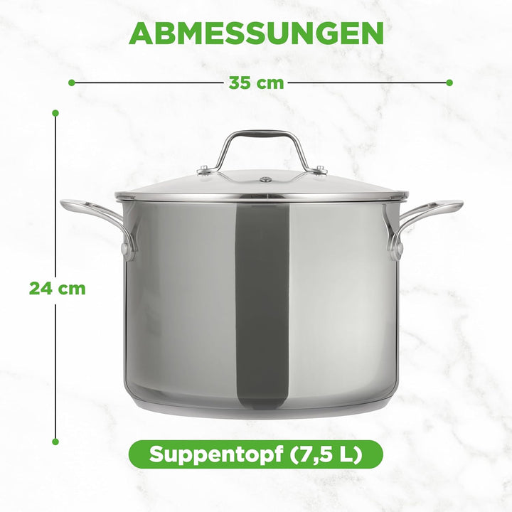 NutriChef Kochtopf gross, 8L Suppentopf Induktion aus Edelstahl mit Glasdeckel, 18/8 Grossraumtopf H