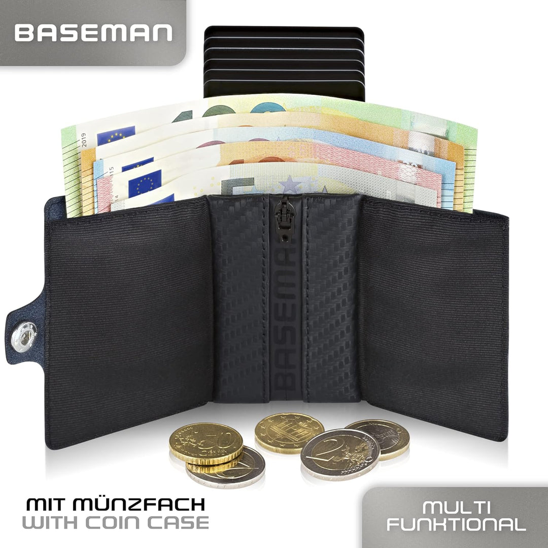 BASEMAN® Kreditkartenetui mit Münzfach I das Slim-Wallet aus Aluminium & Echtleder I Kartenetui für