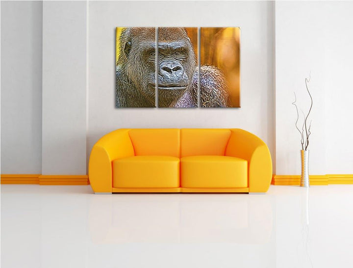 stolzer Gorilla NewArt 3-Teiler Leinwandbild 120x80 Bild auf Leinwand, XXL riesige Bilder fertig ger