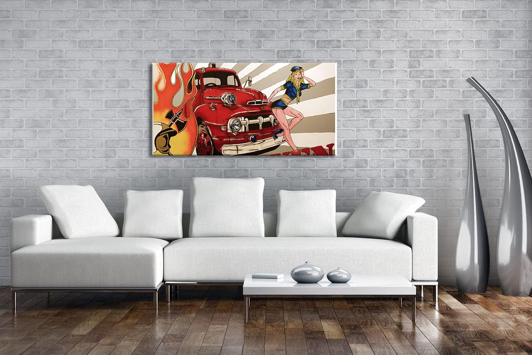Feuerwehr Illustration Panorama 120x60 cm als Leinwandbild, Motiv fertig gerahmt auf Echtholzrahmen,