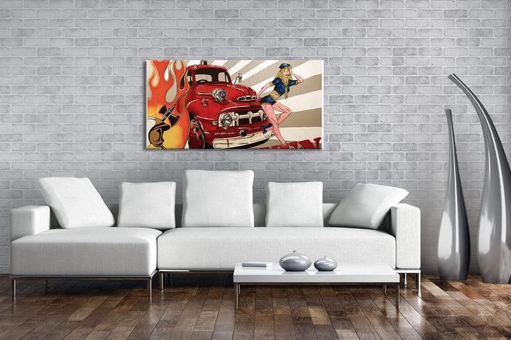 Feuerwehr Illustration Panorama 120x60 cm als Leinwandbild, Motiv fertig gerahmt auf Echtholzrahmen,