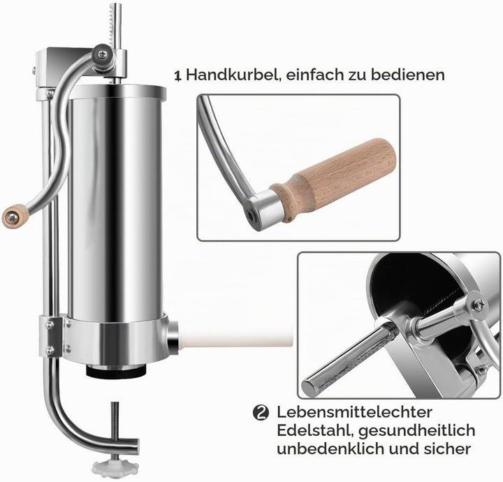 DREAMADE Wurstfüller 3,6 L, Wurstfüllmaschine Wurstmaschine aus Edelstahl &amp; Aluminium, Wurstpresse m