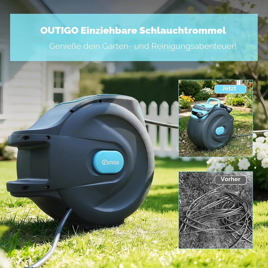 OUTIGO automatische Schlauchtrommel Wasser 25m, 180° schwenkbar mit Wandhalterung und Tragegriff, Sc
