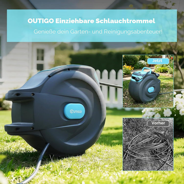 OUTIGO automatische Schlauchtrommel Wasser 25m, 180° schwenkbar mit Wandhalterung und Tragegriff, Sc