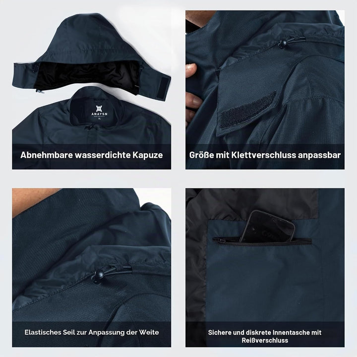 ANAYSN Herren Regen Jacke mit Kapuze wasserdicht leichte Jacke und Reissverschlusstaschen Regenmante