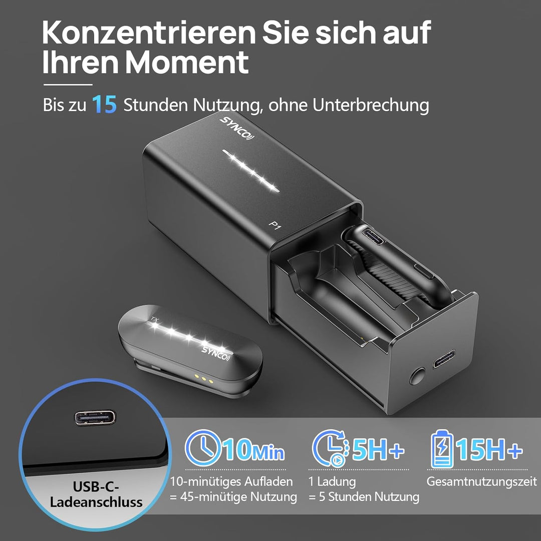 SYNCO Kabelloses Lavalier Mikrofon für iPhone, P1SL 2.4GHz Mikrofone Handy für iPad mit Ladekoffer 【