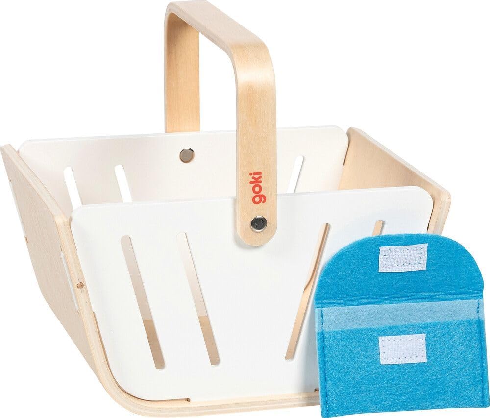 goki 51428 - Einkaufskorb MiniShopper, Tragekorb aus Holz mit klappbaren Tragegriff & Geldbörse aus