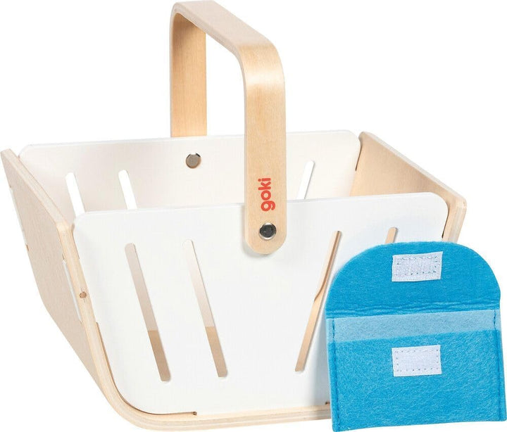 goki 51428 - Einkaufskorb MiniShopper, Tragekorb aus Holz mit klappbaren Tragegriff & Geldbörse aus