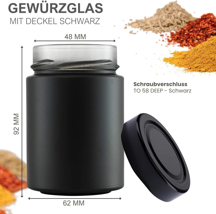 mikken 6 schwarze Gewürzgläser 190 ml, Einmachgläser mit Schraubdeckel inkl. einer Gewürzschaufel Sc