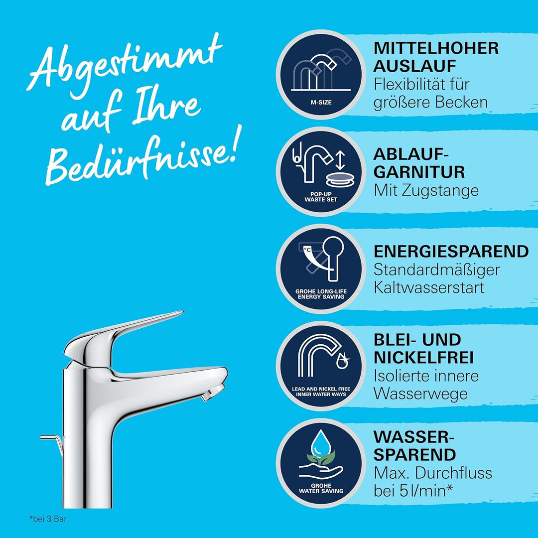 GROHE Swift - Waschtischarmatur (wassersparend, ~18cm hoch, Mittelstellung kalt, inkl. Montagewerkze