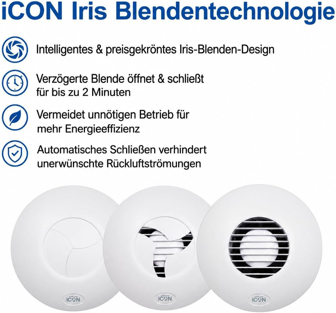 Airflow iCON 15 Feuchtigkeitssensor Badezimmer-Abluftventilator 19 l/s – 100 mm/4" – Mit Feuchtigkei