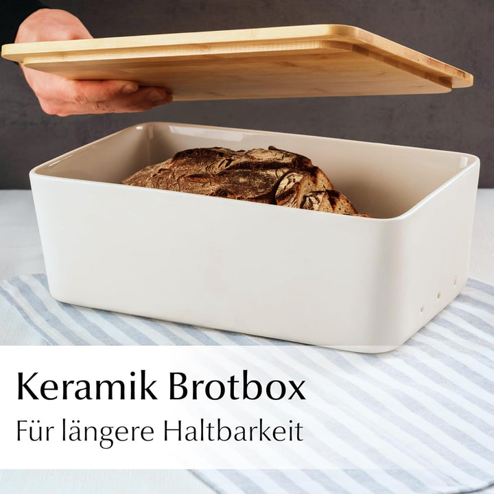MIAMIO – Brotkasten mit Bambusdeckel/Brotkasten Keramik, Brotbox mit Holzdeckel verwendbar als Schne