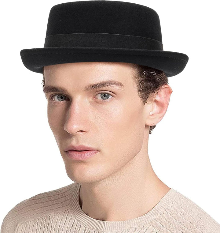 Pork Pie Hut für Herren, Wolle, flache Oberseite, Fedora-Hut, Unisex, Porkpie-Hüte (S/M) M Schwarz,
