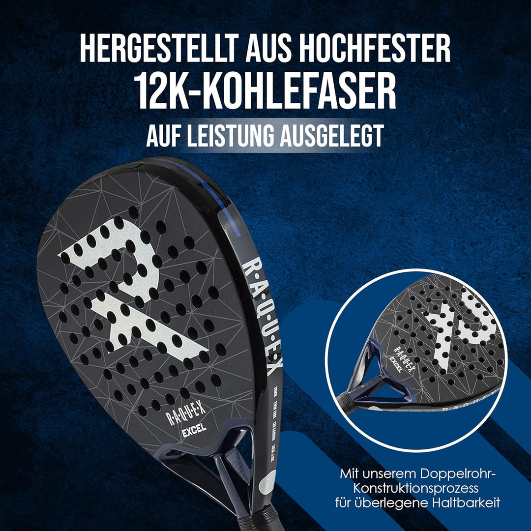 Raquex Excel Padelschläger – für fortgeschrittene Anfänger/Fortgeschrittene – 12K-Carbonrahmen, reak
