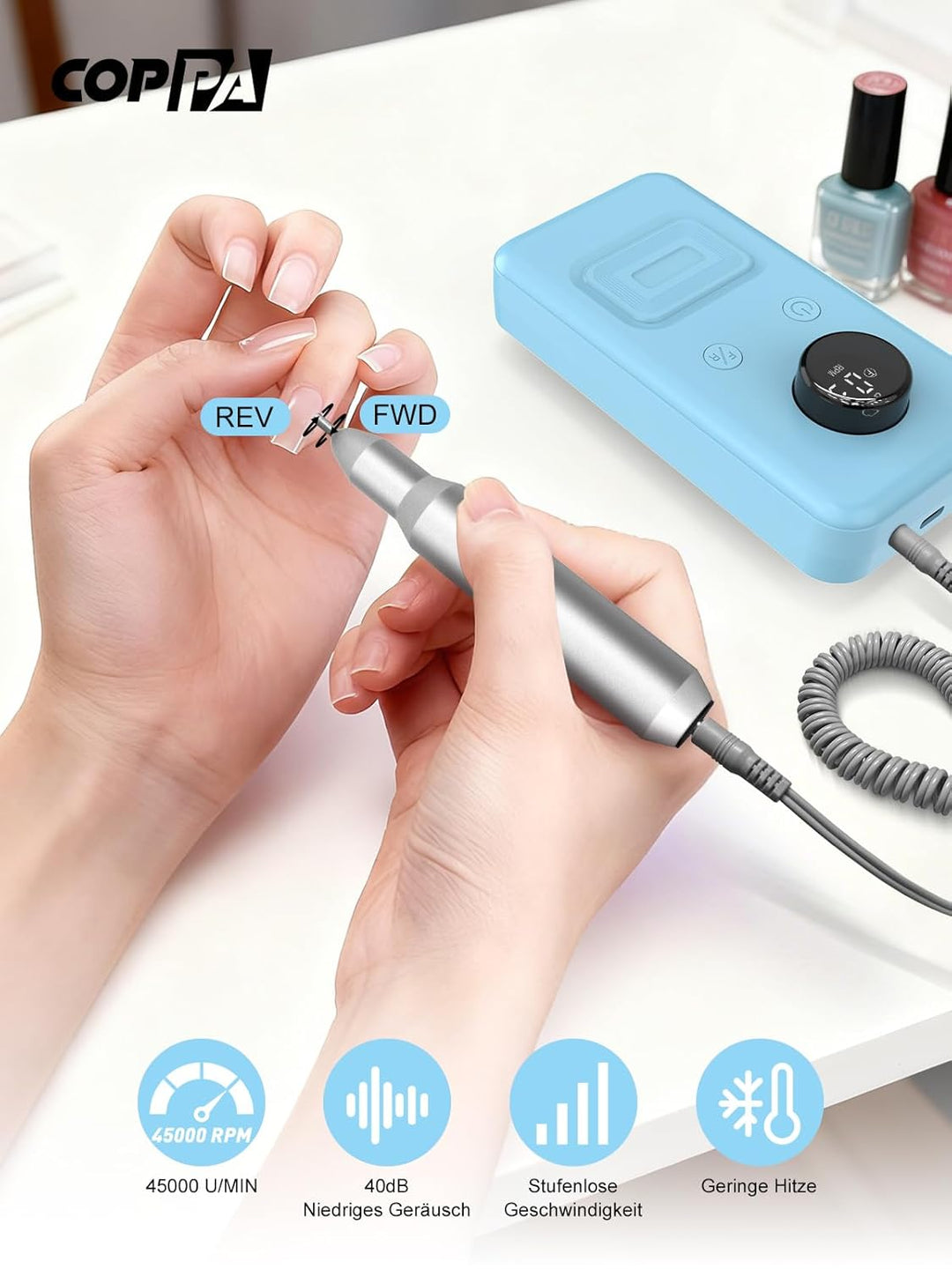 COPPA Nagelfräser, NDK106 Professionell Elektrische Nagelfräser Set mit 12 Bits 31 Schleifbändern, 4
