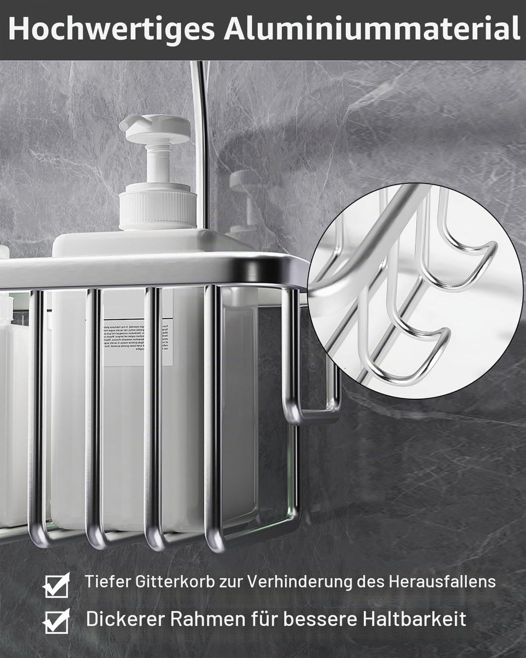 Duschablage ohne Bohren, Duschregal zum Hängen, Shampoo-Halterung, Aufhängen für Badezimmer Silber,