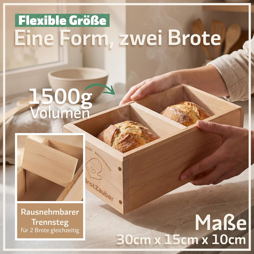 HOLZBROTZAUBER 30cm Brotbackform aus Buchenholz - Brot selber backen Backform - integrierter Trennst