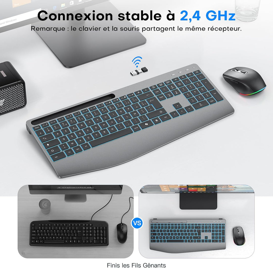 OMOTON Tastatur Maus Set Kabellos – 2,4GHz Ergonomische Tastatur (Space Grau Schwarz-AZERTY), Space