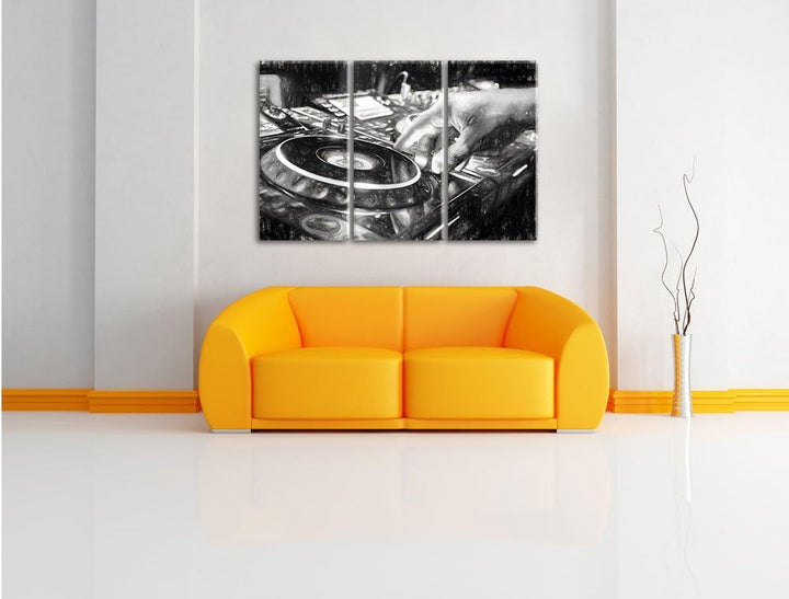 Pixxprint DJ Plattenteller Cool Music als Leinwandbild | Grösse: 3 Teilig (120x80) | Wandbild| Kunst