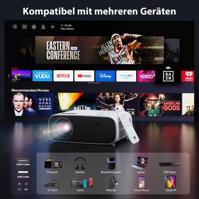 Wielio Beamer, Full HD 1080P Heimkino Beamer, Bluetooth und WiFi aktiviert, Eingebauter Sound, Kompa