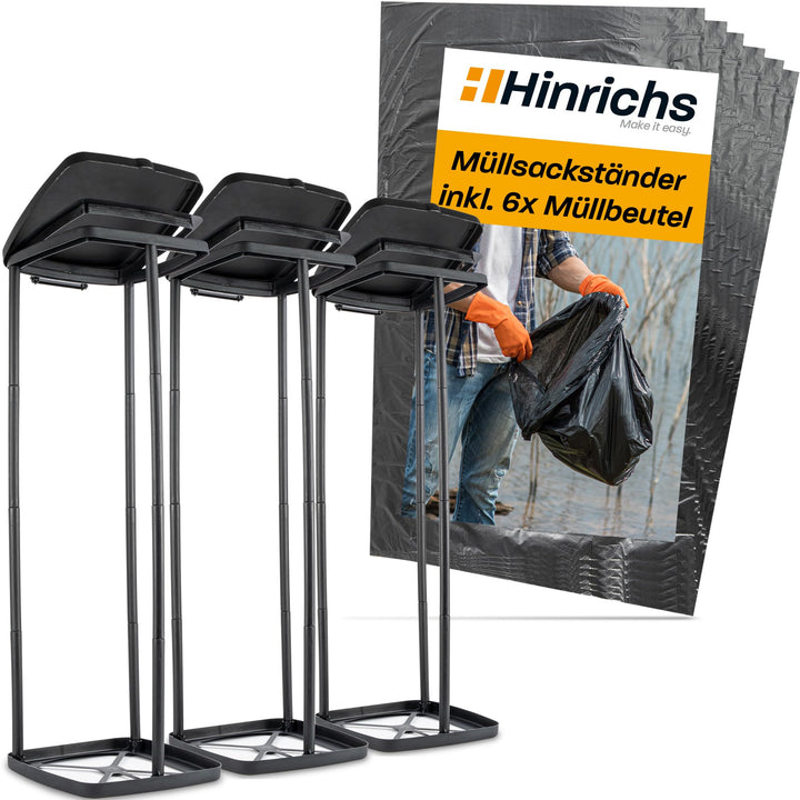 Hinrichs 3X Müllsackständer 120L - Höhenverstellbarer Müllbeutelhalter mit Deckel & Klemmring für 12