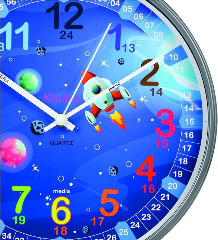 Kiddus Wanduhr für Kinder. Analoger Zeitlehrer mit Zeitlernübungen. Stilles Uhr. Viele Sprachen. Esp